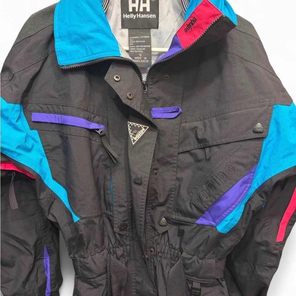 Rare Vintage Helly Hansen Black Ski Suit with Teal, Purple & Pink Accents